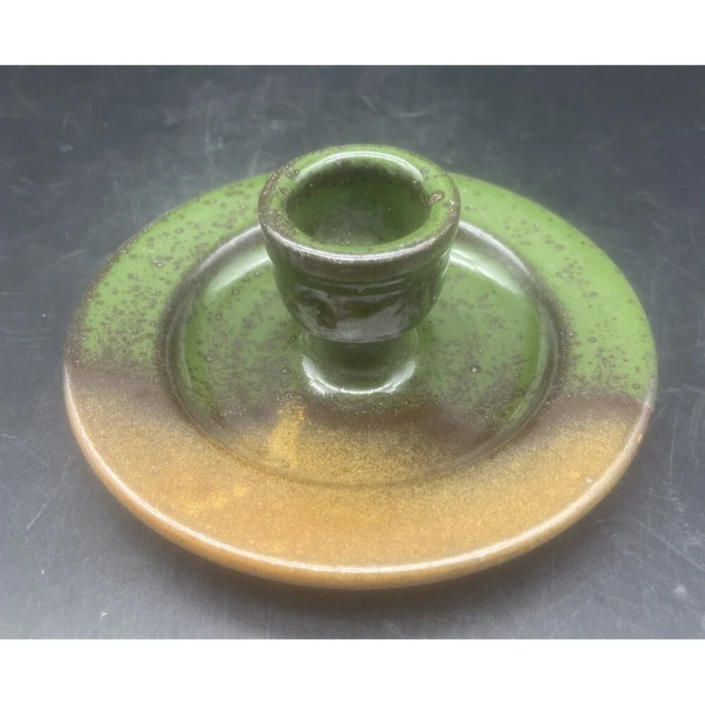 Studio Art Pottery Green Brown Orange‎ Glazed Candle Stick Holder Signed 6